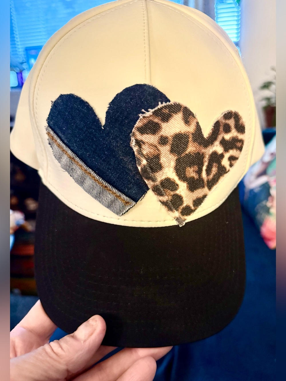 Two-Tone Heart Patch Trucker Cap - White & Black with Leopard Accent